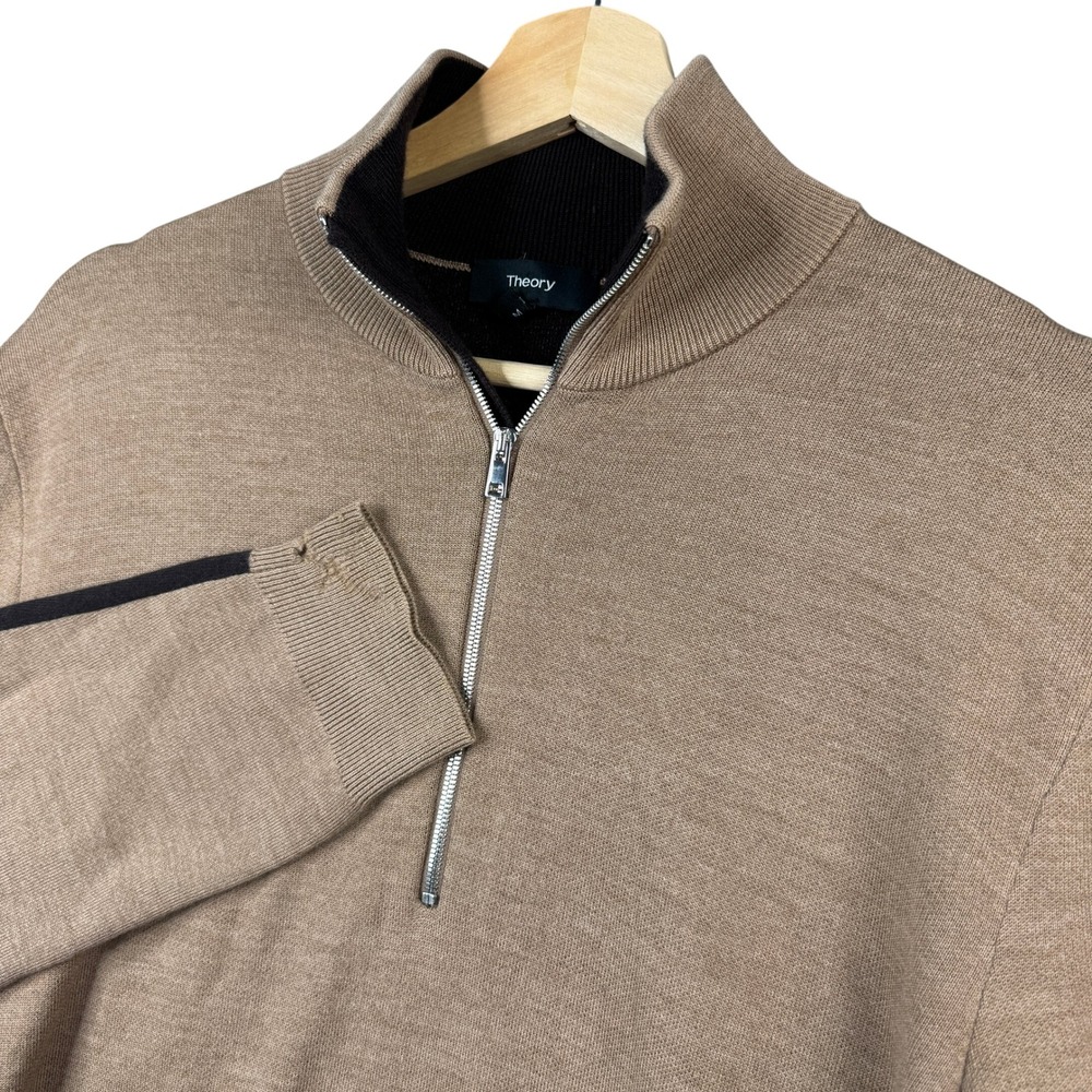 Theory Arnaud QT EB Regal Merino Wool Quarter Zip Sweater Tan Brown Mens Medium